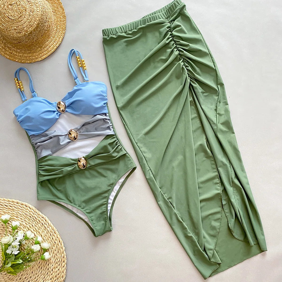 Colorblock Cutout One Piece Bikini And Skirt Set